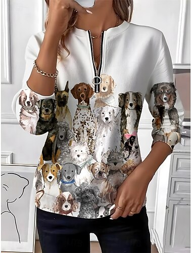  Női Pulóver pulóver Cipzáras pulóverek Grafika Állat Divat Alkalmi Hosszú ujj Terített nyak Normál felsők Utca Hétköznapi Cipzár Nyomtatott Fehér Bézs Ősz Tél