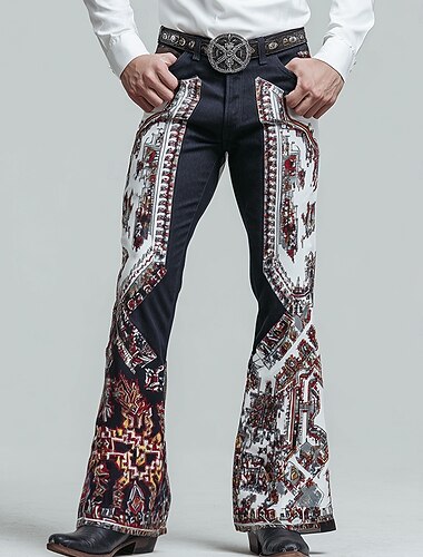 Herren Geometrisch Ethnisch Komplizierte Blumen Disco-Hosen 60er 70er Schlaghosen Mittlere Taille Western Vintage-Retro Outdoor Urlaub Seitentaschen Schlaghose Frühling Herbst 3D-Druck Dunkelblau #1