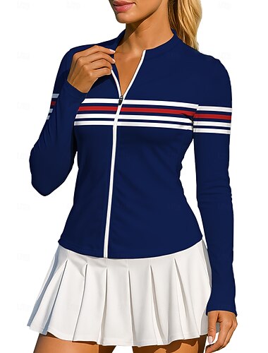  Damen Geometrisch Streifen Oberteile Sporthemd Tennis Shirt Tennis-T-Shirt Langarm Reißverschluss Blumen UPF50+ UV-beständig Hohe Elastizität Feuchtigkeitsableitend Atmungsaktiv Volleyball Tennis