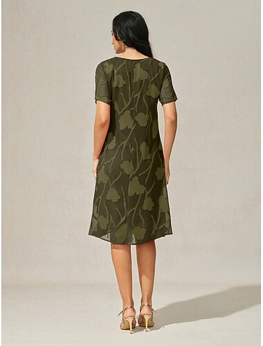  نسائي فستان قصير فستان من الشيفون أنيق مناسب للبس اليومي ضيف حفل زفاف عادي ورد كم قصير رقبة عالية مدورة زيتي