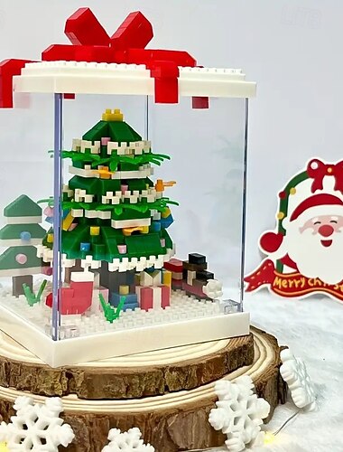 Gaveeske med juletrebyggeklosser og gaver, mini-snømann og festlig dekorasjon, gjennomsiktig utstillingsskap, perfekt juleborddekor og gaveidé