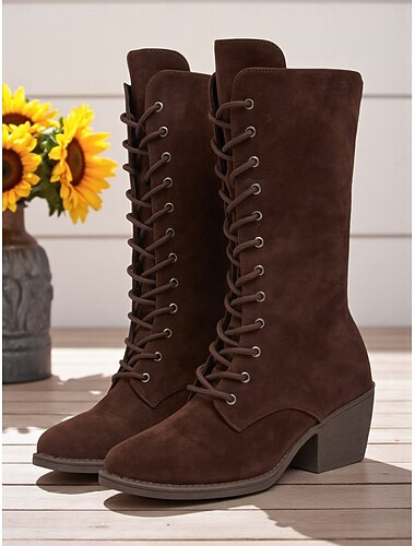  stivali da donna in finta pelle scamosciata marrone scuro con tacco a blocco, stile vintage, per autunno e inverno, da indossare tutti i giorni