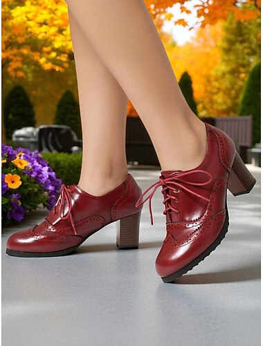 Groene imitatieleren Oxford-hakken voor dames – vintage brogue veterschoenen met dikke hak uit de jaren 50 voor werk, herfstmode en kerstoutfits