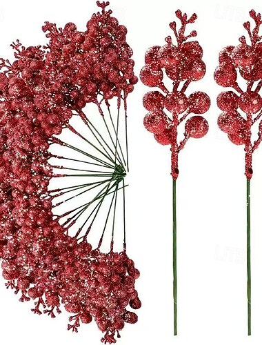  12 stk. julebærstengler, glittergullgrener av julestjerne med bær og blader, elegante plastblomster til juletre, krans, høytidsfest og hjemmedekorasjoner