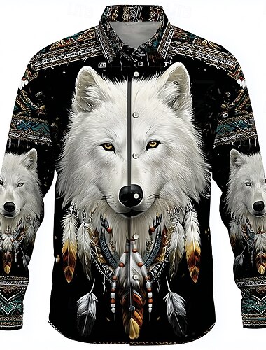  Herren Wolf Traumfänger Ethnisch Hemd Knopfhemd Langarm Vintage-Retro Outdoor Campen und Wandern Jagd Frühling Herbst Umlegekragen 3D-Druck Hemden mit Kragen Schwarz 1 Schwarz Schwarz 2