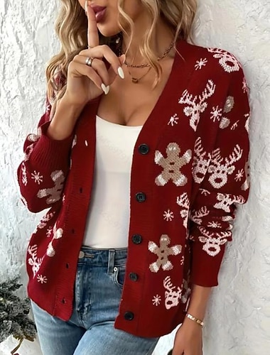 Damen Pullover Strickjacke Streetwear Lässig Blumen V Ausschnitt Gestrickt Druck Langarm Normale Oberteile Stricken Weihnachten Täglich Ferien Rote Herbst Winter   Damen Pullover Strickjacke Streetwear Lässig Blumen V Ausschnitt Gestrickt Druck Langarm Normale Oberteile Stricken Weihnachten Täglich Ferien Rote Herbst Winter