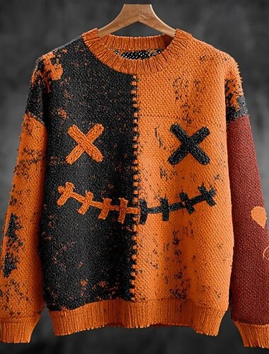  Hombre Suéter de punto Estriado Tejer Tops regulares De Punto Estampado Calabaza Cuello Barco Víspera de Todos los Santos Vacaciones Ropa Cotidiana Ropa hombro caído Otoño Invierno Calabaza S M L