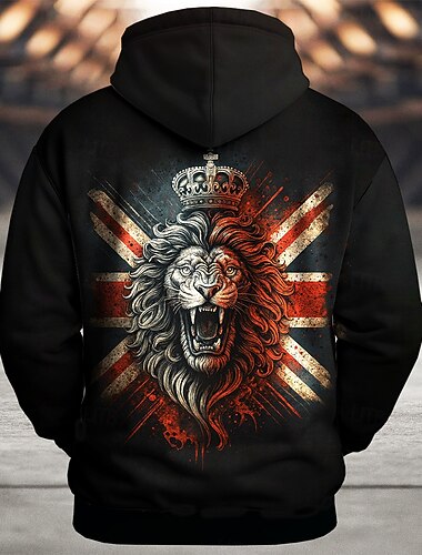  Herren Flagge Löwe UK Kapuzensweatshirt Pullover Sport Mode Rundhalsausschnitt Outdoor Büro Streetwear Schwarz Blau Kordelzug 3D Herbst Winter Designer