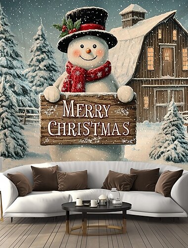  Fondo de tapiz navideño muñeco de nieve con letrero de Feliz Navidad en escena invernal decoración navideña 2025 para dormitorio salón y decoración al aire libre