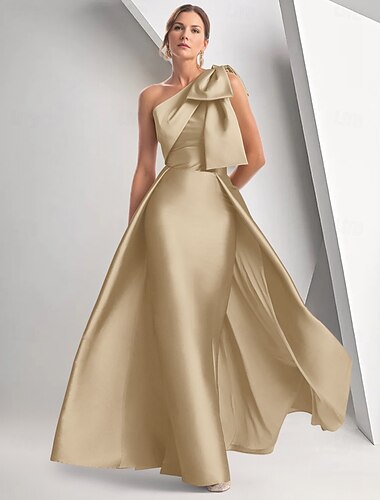  Abito da Sera A-Line Vestito Elegante Matrimonio Formale Lunghezza Pavimento Senza Maniche Una Spalla Matrimonio Satin con Fiocco/i