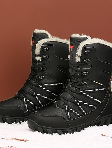  Herr vattentäta svarta snöstövlar med pälsfoder, halkfri yttersula och varm isolering, slitstarka vinterskor för vandring, camping, skidåkning och resor i kallt väder