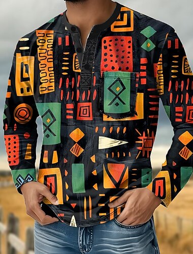  Муж. Абстракция Рубашка Хенли футболка футболка Длинный рукав Ретро На каждый день Повседневные Весна Осень Все сезоны Синий Зеленый Оранжевый Хенли Футболка Хенли