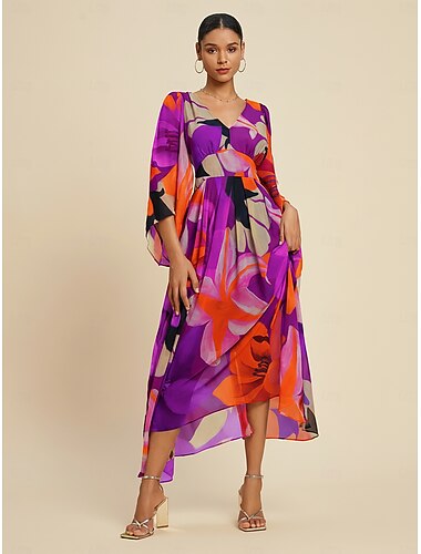  abito lungo da donna in chiffon con stampa floreale astratta, tessuto trasparente e fluido, casual, per vacanza in spiaggia, resort, primavera estate autunno