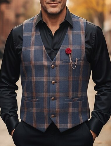  Per uomo Gilet Formale Vacanza Quotidiano Ricevimento di matrimonio Vintage Moda Primavera Autunno Tasca Bottoni Poliestere Confortevole Plaid Monopetto Scollo a V Vestibilità aderente Blu marino