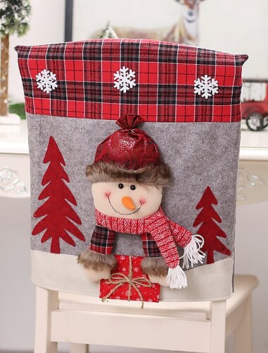  Julestoltrekk i 3D-tegneseriestil, stoltrekk med julenissen og snømannen, julebord- og stoldekorasjon, festlig setekjole, julehjemmedekor