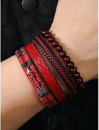  Heren leren kralen armbandset – meerlaags geweven retro polsbandsieraden voor een casual stijl en kerstcadeau