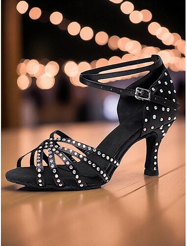  Scarpe da ballo da donna con cinturino in strass neri - tacchi da ballo latino Gatsby anni '20 per feste & prestazione