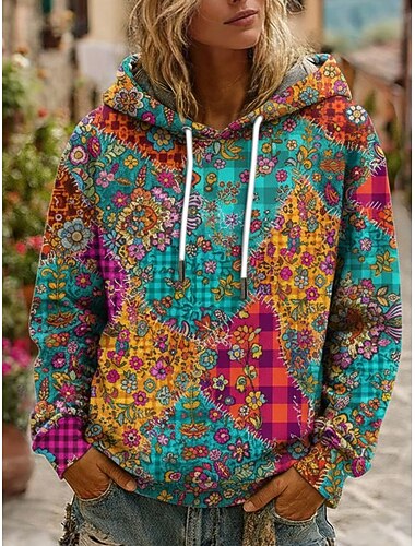  Γυναικεία Pullover Με Κουκούλα Φλοράλ Καρό Ρετρό Καθημερινό Μπόχο Μακρυμάνικο Με Κουκούλα Κανονικά μπλουζάκια Καθημερινή Ένδυση Causal Κορδόνι Τσέπη Στάμπα Θαλασσί Άνοιξη Φθινόπωρο