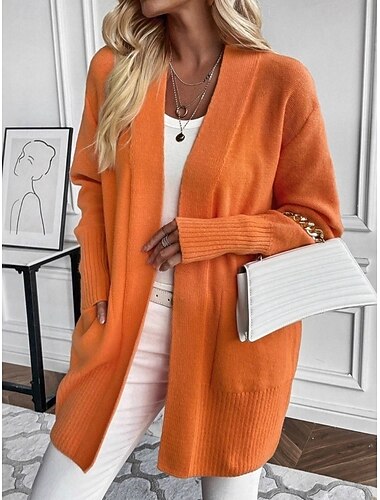 Damen Pullover Strickjacke Elegant Mode Streetwear Einfarbig Öffnung vorne Gestrickt Langarm Lange Oberteile Stricken Outdoor Täglich Wochenende Blau Orange Herbst Winter   Damen Pullover Strickjacke Elegant Mode Streetwear Einfarbig Öffnung vorne Gestrickt Langarm Lange Oberteile Stricken Outdoor Täglich Wochenende Blau Orange Herbst Winter