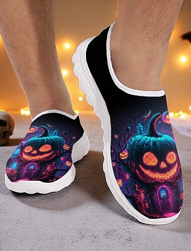  Men's Slip-On Sneakers with Neon Pumpkin House Design, Lightweight Casual Shoes for Halloween Party and Walking