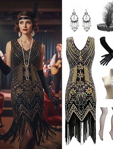  Retro Vintage Goldene Zwanziger 1920er Midlänge Flapper Kleid Kleid Ausgefallene Kostüme Übergröße Der große Gatsby Charleston Pailletten Quastenfransen Feder Kostüm Damen Halloween Karneval Neujahr