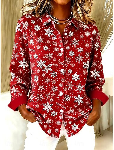  Camisa Blusa Gráfica para Mulheres Natal Xadrez Vintage Tropical Estilosa Manga Longa Gola Camisa Tops Regulares Estampados de Patches Botões Vermelho Camelo Verde Verão Primavera Outono Inverno
