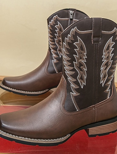  Homens Botas Botas Cowboy Bordado Retro Caminhada Vintage Ao ar livre Diário Pele PU Confortável Antiderrapante Respirável Botas Cano Médio Sem Atacadores Preto Marron Primavera Outono Inverno