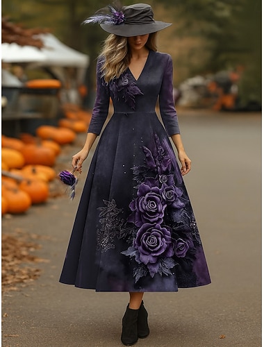  Halloween Per donna Abito Midi Vestito Estivo Abito a trapezio Vestito all'americana Vacanza Casual Matrimonio Feste Compleanno Vestibilità regolare Floreale Grafico Manica 3/4 Scollo a V Borgogna