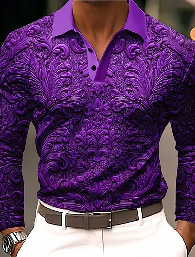  Homme Fleuri Polo manche longue Polos Revers Vêtement décontracté de travaile Athleisure Tenue quotidienne Impression 3D Boutons Printemps Automne Hiver Bleu Violet Orange