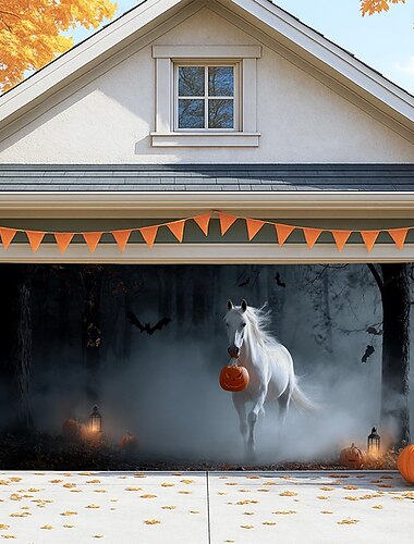  Halloween Copertura per porta del garage Grande appeso Zucca Cavallo 3D Gotico punk oscuro Da serata All'aperto Sfondi di ripresa Yarda Casa infestata Arredamento per la casa