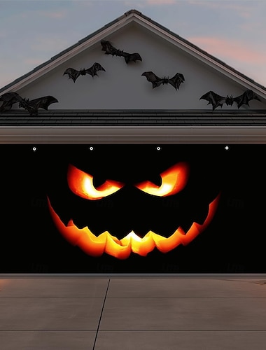  Copertura per porta da garage di Halloween, tenda spaventosa a forma di zucca nera, decorazione spettrale e inquietante per Halloween all'aperto, striscione per porta per feste horror, forniture per