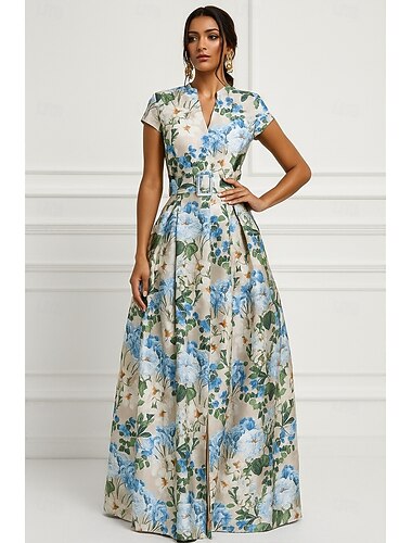  A-Line Evening Gown Elegant Dress Formal Wedding Guest Floor Length Short Sleeve V Neck Pocket Satin with Floral Print Wedding Guest Dress