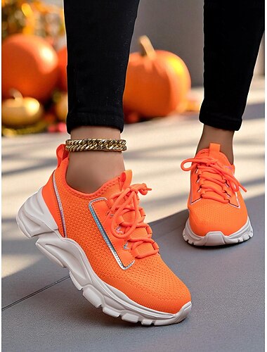  Oranje sportschoenen voor dames – ademende veterschoenen met dikke zool voor wandelen, fitness en casual outfits