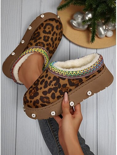  Women's Leopard Print Slip-On Snow Boots with Rhinestone Accents and Plush Interior, Stylish and Comfortable, Perfect for Casual Wear, Shopping and Cozy Weekend Outings