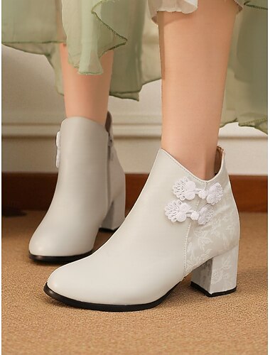  Vita damstövlar i konstläder med jacquard och blockklack – snygga korta vinterstövlar för damer, perfekta för fester, utomhuskläder och avslappnad gatustil
