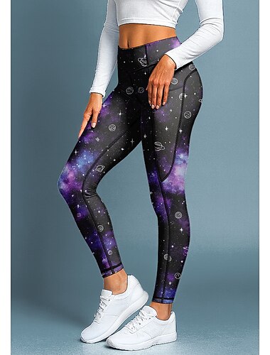  Per donna leggings da pilates Pantaloni fitness Leggings da palestra Tasche Bollo Tasche Laterali Pilates Palestra Allenamento in Palestra Pantaloni Collant Leggings Stampa galassia stellata Viola