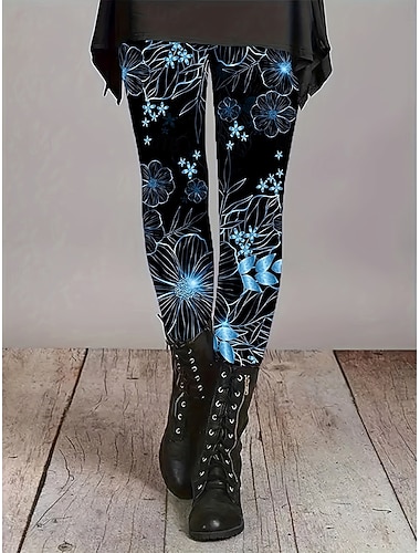  Dam Damasker Semester Vintage Mode Fullängd Hög midja Blommig Grafisk Tryck Mjuk Andningsfunktion Elastisk Semester Gata Casual Blå Höst Vinter Smal passform
