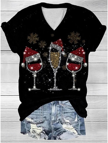  Jul Dame T skjorte Grafisk Juletre Årgang Stilfull Klassisk Kortermet V-hals Vanlige topper Daglig Trykt mønster Svart + Hvit + Red Svart og grått Svart Rosa Kakifarget Sommer Vår Høst Vinter