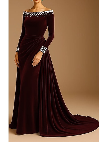  A-Linie Pouzdrové Dlouhá vlečka Večerní šaty Plesové šaty se sukní Formální šaty Elegantní Třpytivé Styl celebrit Dlouhý rukáv Pod rameny Formální Svatební Satén Elastický satén s Sklady