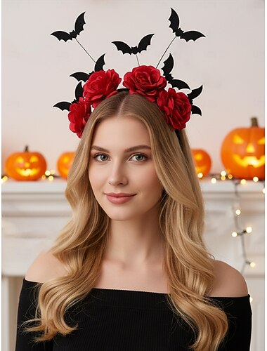  Dámská halloweenská čelenka s netopýrem a červenými růžemi - gotický vlasový doplněk na párty, maškarní a cosplay akce
