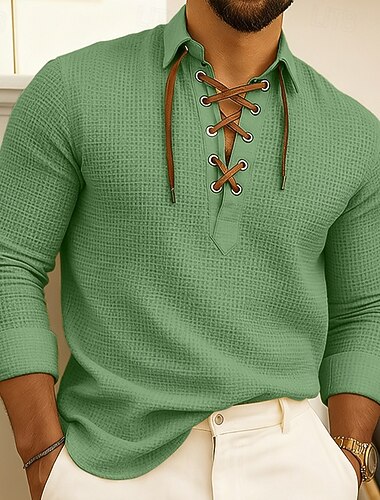  Herren Hemd Sommerhemd Freizeithemd Knopfhemd Waffelstrickhemd Schwarz Rosa Blau Grün Langarm Einfach Revers Urlaub Lässig Kordelzug Bekleidung Mode Lässig Bequem