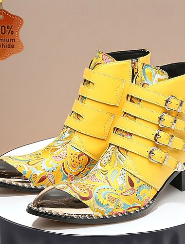  Botines para hombre de piel de vacuno auténtica con bordados amarillos y correas con múltiples hebillas: calzado gótico único para fiestas y conciertos.