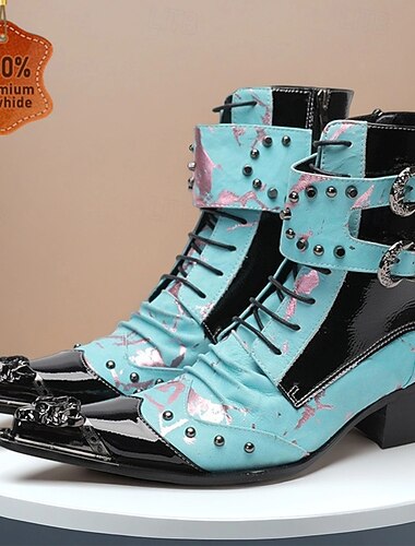  Men's Vintage Cowboy Ankle Boots – Genuine Cowhide Leather with Blue Pattern, Pointed Toe and Buckle Straps for Western Dance, Stage Performance and Party Wear
