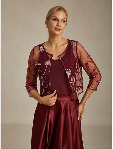  Γυναικεία Δαντελένια μπλουζάκια Φλοράλ Κομψό Στυλάτο Στρογγυλή Ψηλή Λαιμόκοψη Crop Tops Επισκέπτης γάμου Βραδινό Ρούχα για Πάρτυ Δαντέλα Κεντητό Κρασί Καλοκαίρι Άνοιξη Φθινόπωρο