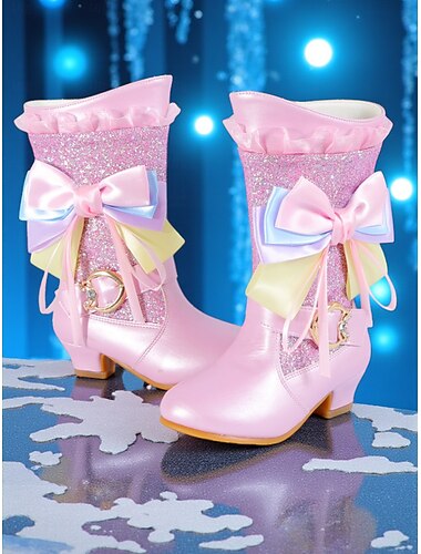  Roze glitterlaarzen met strik voor meisjes - glinsterende prinsessenschoenen tot halverwege de kuit met ruches voor feestjes, cosplay en verkleedpartijen