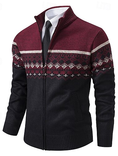 Jul Herre 钻石纹 Fair Isle genser Glidelås genser Strikketøy Høy krage Fritid Feriereise Hjem Daglig Ta igjen glidelåsen Langermet Høst Vinter Vin Blå Lysegrå