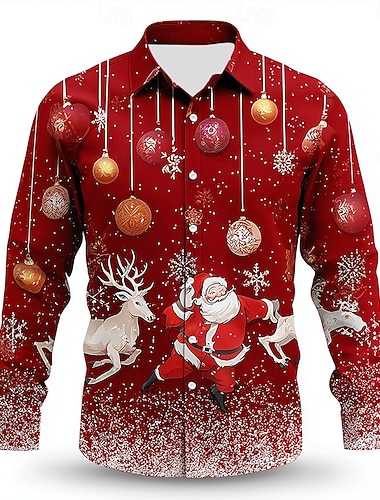  Weihnachten Herren Weihnachtsmann Rentier Weihnachtskugeln Hemd Knopfhemd Langarm Lustig Outdoor Ferien Frühling Herbst Umlegekragen 3D-Druck Hemden mit Kragen Rot 1 Rot 4 Rot 3 Rote Rot 2