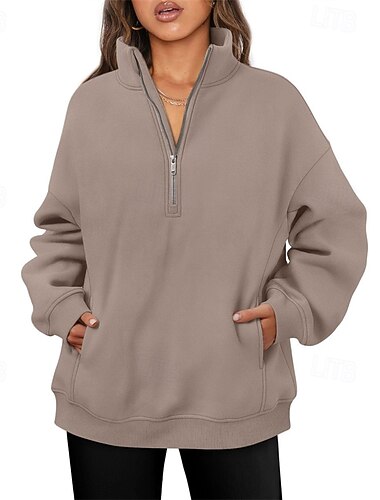 Damen Pullover Sweatshirts Sweatshirts mit Reißverschluss Einfach Sport Mode Lässig Langarm Hoher Ausschnitt Normale Oberteile Straße Alltagskleidung Ausgehen Reißverschluss Braun Herbst Winter