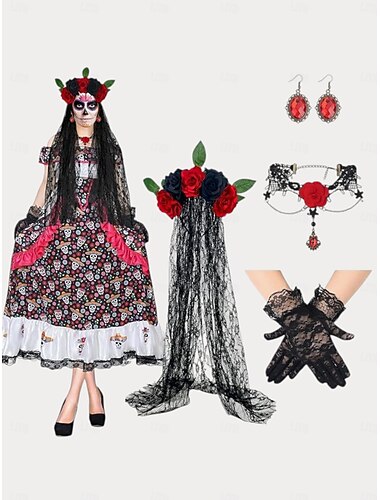 Dámský halloweenský kostým ke Dni mrtvých - šaty s potiskem lebky, květinová čelenka, krajkové rukavice, náušnice a náhrdelník na halloweenské párty a tematické akce