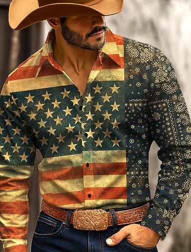  Homme Drapeau Américain Patriotique Chemise Chemise Western Chemise de cow-boy manche longue Vintage Rétro Extérieur Vêtements de travail Chasse Printemps Automne Col Rabattu Impression 3D Chemises